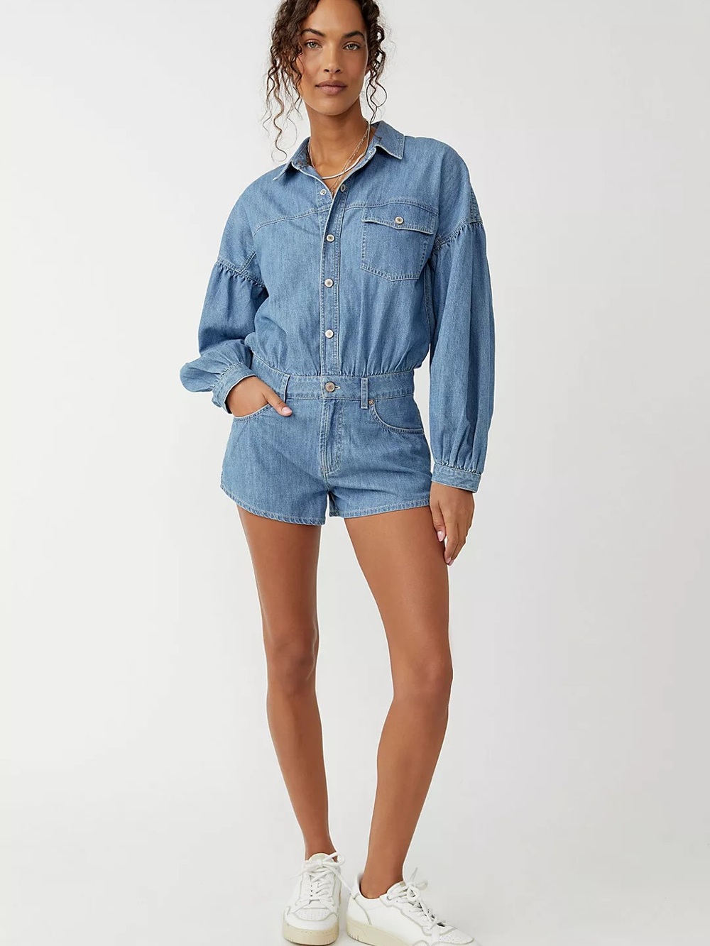 Free People Zodiac Chambray Denim One-Piece Romper - Picture 2 of 9